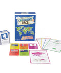 Continent Race Geography Board Game For Kid Friendly Families And Friends Learn Flags And Countries From Around The World With Fun Brain Boosts Game Night Ready For Classrooms And Home components including box and cards displayed.