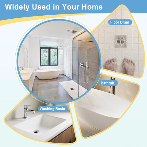 Image showing various home areas like floor drains, bathtubs, washing basins where 50 Inch Reusable Drain Snake 3 Pack Tough Nylon Hooks can be used.