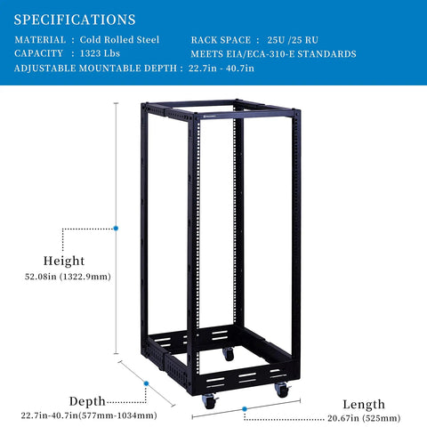 Heavy Duty 25U Open Frame Server Rack With Smooth Rolling Caster Wheels And Adjustable Depth in black cold rolled steel.