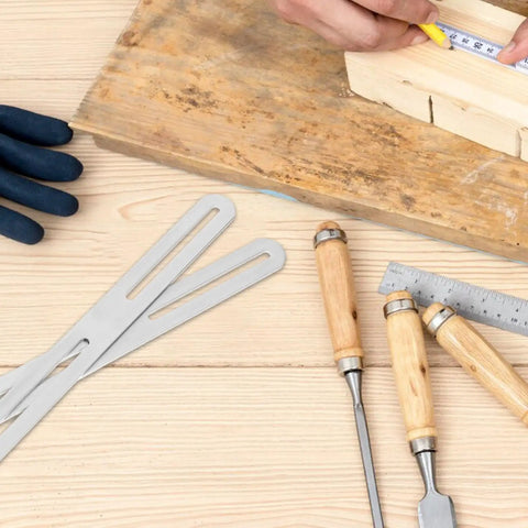 Heavy Duty Stainless Steel Wood Table Brackets With Dual Head Movable Design next to woodworking tools on a wooden surface