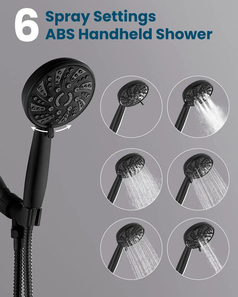 Slick Three Handle Tub Shower Faucet Set With Six Mode Handheld Sprayer And Matte Black Finish showing 6 spray settings and design details.