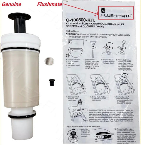 OEM Original Replacement Flushmate Piston Cartridge For PowerFlush Toilet Tank Systems kit showing parts and instructions.