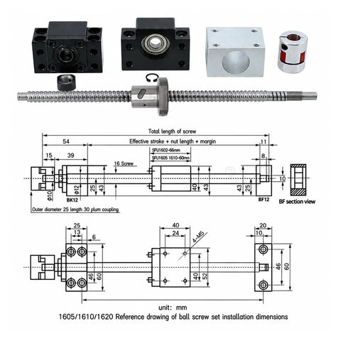 Top Tier SFU1605 Rolled Ballscrew Set 16mm X 300mm with BK12 BF12 brackets and DSG16H nut installation dimensions diagram.
