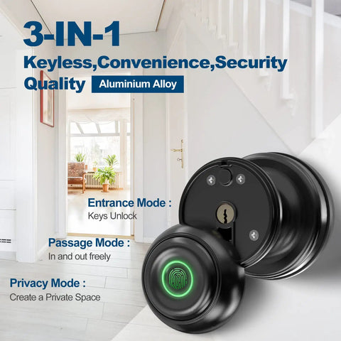 Keypad Door Knob Keyless Entry Lock For Home, Smart Door Lock with green backlit keypad and multiple modes displayed.