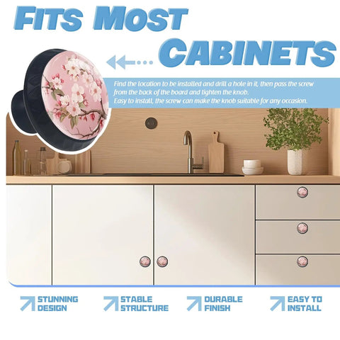 Crystal Glass Cabinet Knobs 6 Pack With Dope Cherry Blossom Mural Motif shown on kitchen cabinets