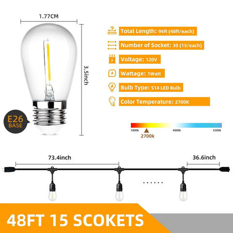 Diagram of Go To Outdoor String Lights 96 Feet Total, Two 48 Feet Strands, showing bulb dimensions and 15 sockets per strand.