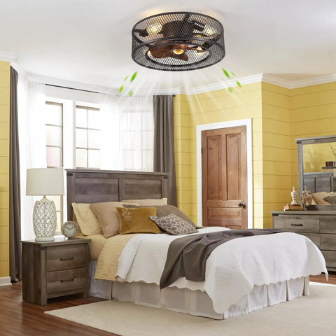 Flush Mount Caged Ceiling Fan With Lights And Remote Control in farmhouse style bedroom.