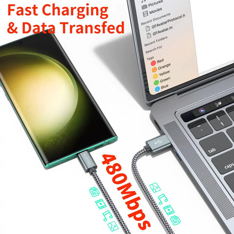 Two Pack Nylon Braided USB C Charger Cables 3Ft For Fast Charging And Data Sync On The Go Compatible With iPhone 17 Air 16 Pro Max Galaxy S10 Pixel 2 And More Durable Non Tangle Cord connected to smartphone and laptop