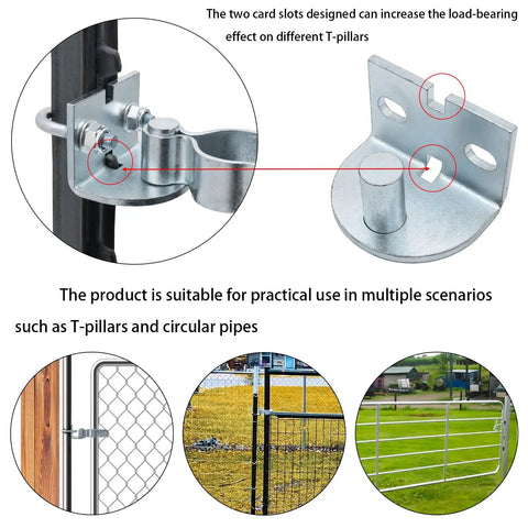 Heavy Duty 2 Pack T Post Gate Hinge Kit With One And Three Eighths Inch U Bolt Clamps Built To Last 200 Degree Rotating Female Hinges and Pins