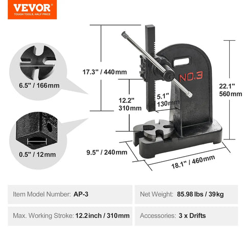 Heavy Duty Three Ton Manual Arbor Press Cast Iron Desktop Press With Smooth Twelve Point Two Inch Stroke crafted for jewelry stamping and metal forming.