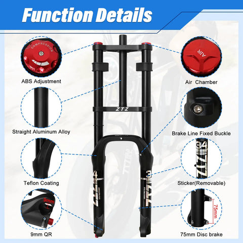 26 Inch Fat Tire Front Fork With Air Suspension For Mountain Bikes, 180mm Travel, 135mm Hub, ABS adjustment, air chamber