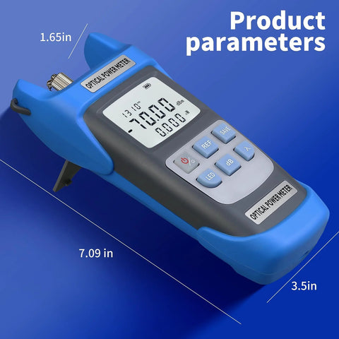 Blue handheld optical power meter with LCD display and 6-button keypad; includes FC-LC adapter.