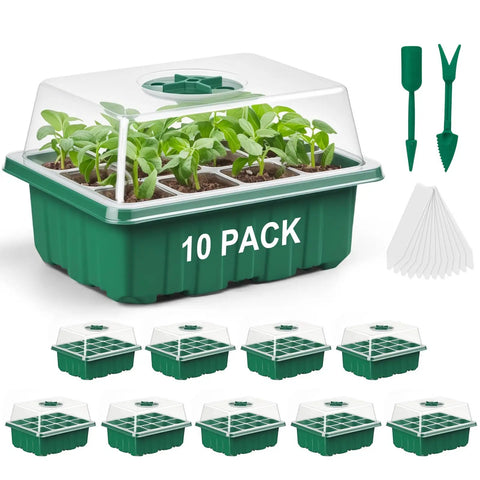 10 Pack Seed Starter Tray Kit With 120 Cells And Adjustable Humidity Dome For Fast Germination Indoors Garden Seed Starting