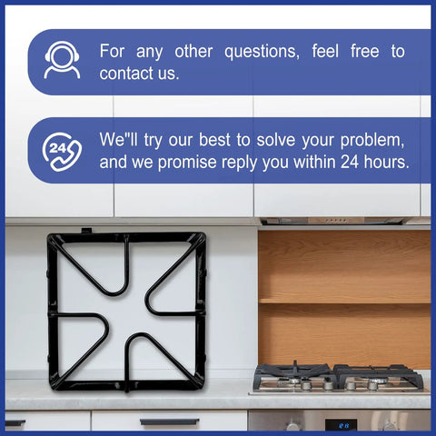 Gas Stove Burner Grate Replacement Set 8.5 By 8.5 Inches Cast Iron for GE Ranges displayed on kitchen counter.