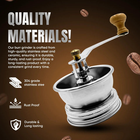 Mason Jar Coffee Grinder Lid With Manual Crank Burr Grinder, stainless steel and ceramic, rust-proof design for home or camping.