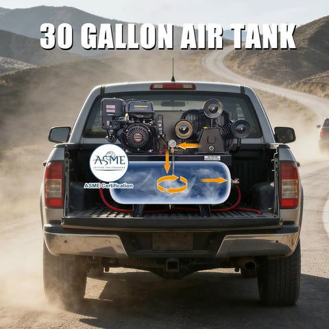 Heavy Duty Gas Piston Air Compressor 13HP 44CFM 30 Gal Tank 125PSI for industrial use in truck bed with ASME certification.