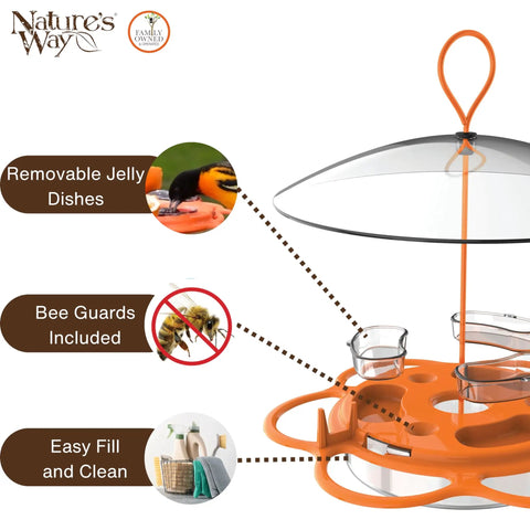All In One Oriole Buffet Bird Feeder with Bee Guards and Removable Jelly Dishes Easy Cleaning Durable Orange Finish