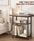 Tiny Footprint 3 Tier End Table With Wide Storage Surface For Small Spaces Rustic Brown Narrow Side Table next to sofa