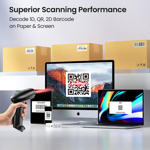 Barcode Scanner With Stand, Bluetooth And Wireless USB Wired Options, No Brainer Setup For POS And Inventory, Workhorse 2D 1D QR Code Reader displayed with laptops and tablets