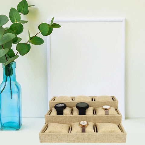 Secure Your Watch Stash With This Dope Nine Grid Linen Watch Tray Organizer Featuring An Ultra Soft Interior Jewelry Display Plate That Keeps Your Gear Safe And Ready For Flexing Any Day, displaying four watches in a khaki linen organizer.
