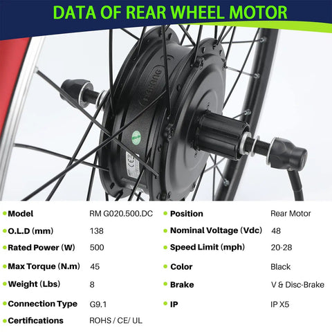 Close-up of rear wheel with 48V 500W Electric Hub Motor Kit for Bicycles, featuring data specifications and black components.