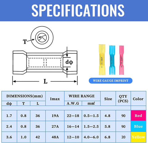 Specifications chart for Ratcheting Wire Crimping Tool For Heat Shrink Connectors With 200 Pcs Butt Connectors AWG 20 To 10.
