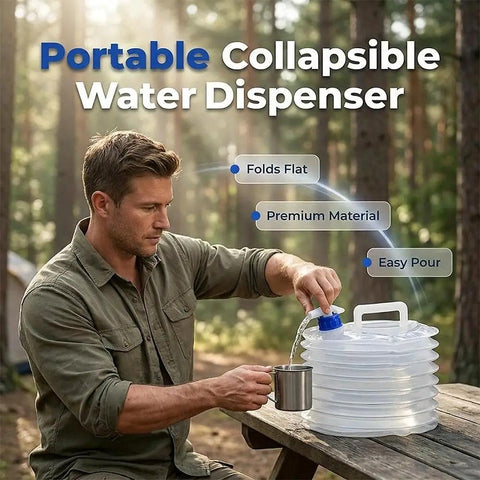 Man using Collapsible Water Jug With Spigot For On The Go Camping And Hiking, pouring from clear dispenser, woods in background.