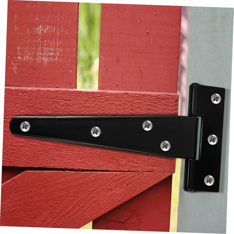 8 Pack 5-Inch Black Painted Galvanized T-Type Tee Hinges For Garage Doors, Cabinets, Gates, installed on a red wooden gate