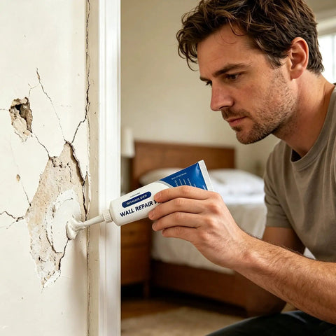 Person using Fast Dry Wall Repair Paste for Holes and Cracks, 260g Mending Putty on wall, illustrating DIY application.
