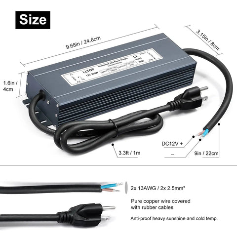 Heavy Duty 300W IP67 Waterproof LED Power Supply, 90-130V AC To 12V DC, 25A Output, with rubber cables and size dimensions shown.