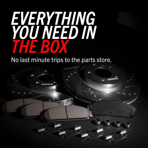 Brake kit: front and rear drilled and slotted rotors with ceramic pads and hardware, front-angle view