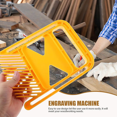 Badass Woodworking Safety Featherboard Set For Table Saw And Engraving Machine Extended Yellow Push Back Jig close-up in use.