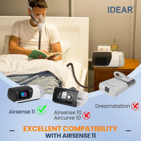 Man using Climate Line CPAP Hose 6.5 Foot for 11 Series Machines only, not for 10, while reading in bed.