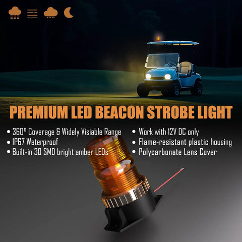 Badass Heavy Duty Amber Emergency Hazard Warning Beacon Rooftop Strobe Light Featuring Thirty Bright LEDs on golf cart at night.