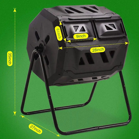 Image of a black 45 Gallon Rotating Compost Tumbler Bin with a large dual chamber, animal proof sliding door, on a green background.