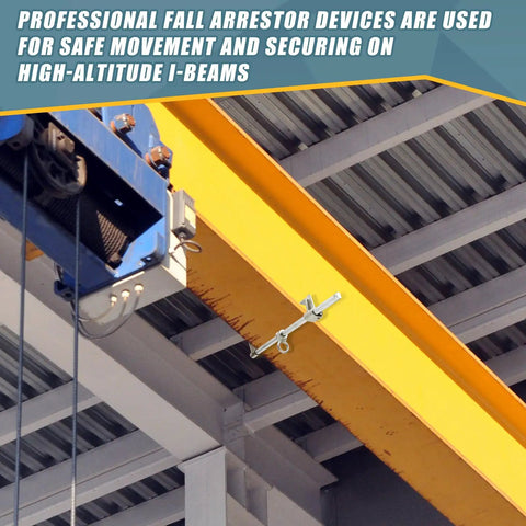 Heavy Duty Sliding Horizontal Beam Anchor For I And H Beams mounted on high-altitude yellow I-beam for secure anchoring.