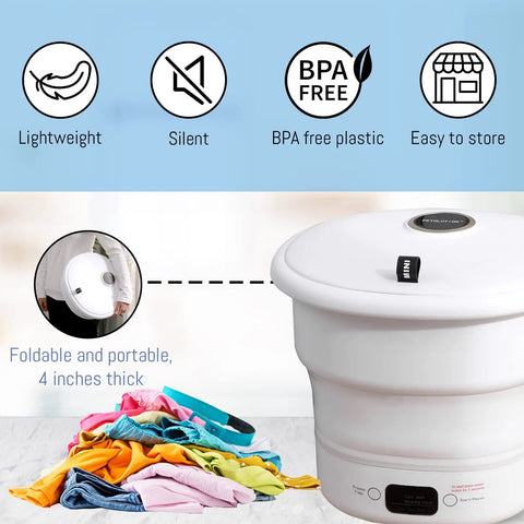 Ultra Compact Portable Washing Machine For Camping And RV Life, foldable bucket washer with clothes, white, BPA free