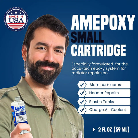 Man holding High Temperature Aluminum Radiator Repair Epoxy Kit For Metal And Automotive Fixes, 2oz packaging, USA made.