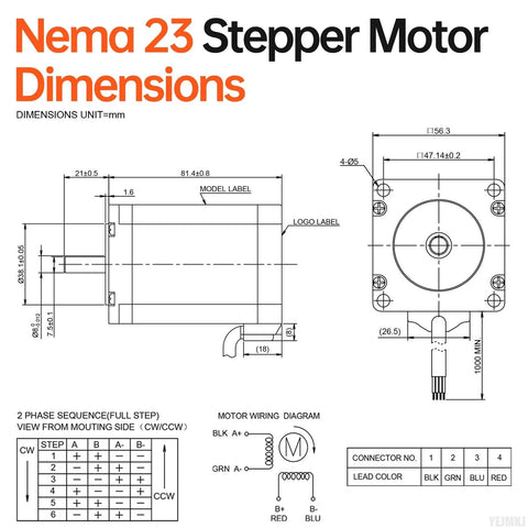 Dimension diagram of high torque NEMA 23 stepper motor 3 pack showing measurements and wiring details in millimeters