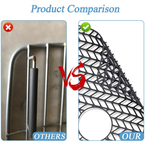 Product comparison showing other metal sink protector vs silicone sink protector mat 26 by 14 inches.