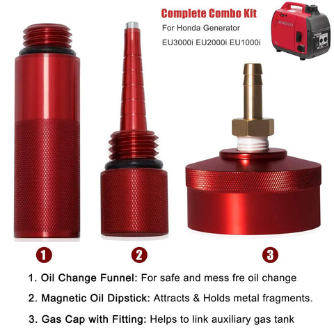 Extended run fuel cap, no mess oil change funnel and magnetic dipstick in red aluminum for EU1000i EU2000i EU3000i generators four pack