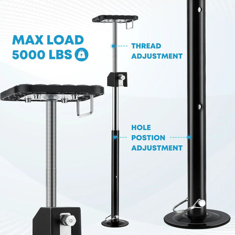 Upgraded RV Slide Out Support Jacks With Flat Top Blocks Set Of Two Plug And Play Gear For Campers Trailers detailed view of black jacks with adjustable height features.