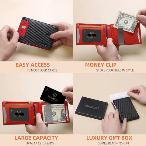 Slim Money Clip Wallet For Men RFID Blocking 11 Card Pockets Minimalist Leather Bifold Front Pocket With ID Window Quick Pull Notch Premium Quality Leather Gift Box Included Ideal Everyday Carry displayed in use and packaging.