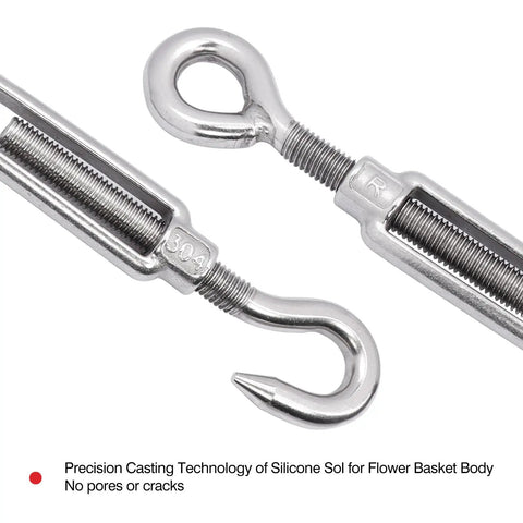 Top Shelf 304 Stainless Steel Hook And Eye Turnbuckle Kit For Wire Rope Tensioning Heavy Duty M10 Rigging Hardware close-up of fasteners.