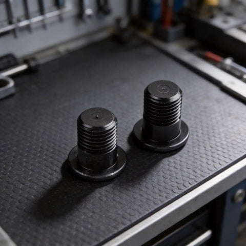 M10x1.0 Rear Derailleur Hanger Bolts 8.5mm Thread, black aluminum alloy bike mounting screws on a workbench