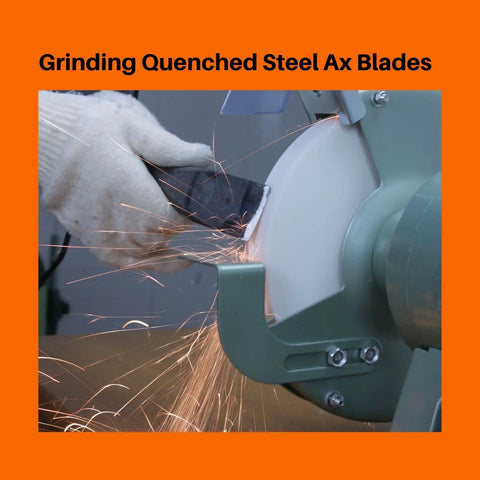 Top Shelf 8 Inch Bench Grinder Wheel With 80 Grit White Aluminum Oxide grinding quenched steel ax blades with sparks flying.