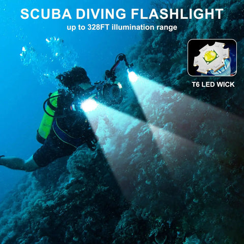 Scuba diver using Beast 400 Lumen Underwater Dive Light for scuba diving and snorkeling, illuminating coral at 328ft, IPX8 waterproof.