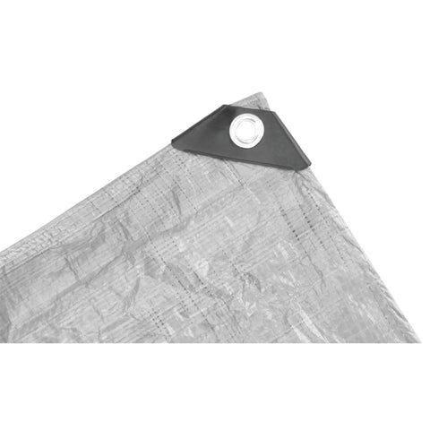 Close-up of Heavy Duty Camping Tarp 8x10 Feet Weatherproof Shelter, showing corner grommet and reinforced edge, silver color.