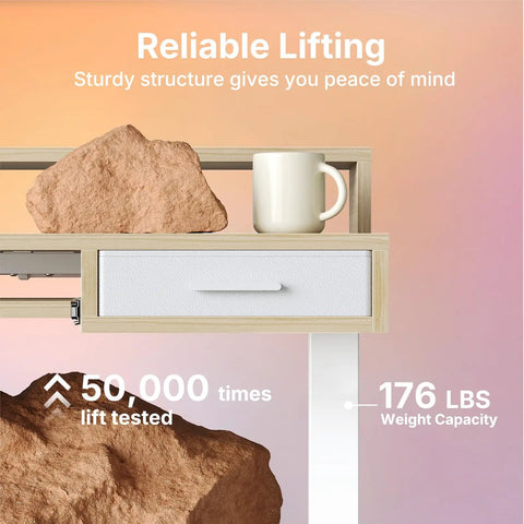 Close-up of Electric Standing Desk 55 Inch By 26 Inch With 24.4 Inch Large Keyboard Tray And Two Drawers C Clamp Mount Compatible Ergonomic Sit Stand Desk Setup With Four Height Presets Light Walnut Finish, showcasing sturdy structure and weight capacity.