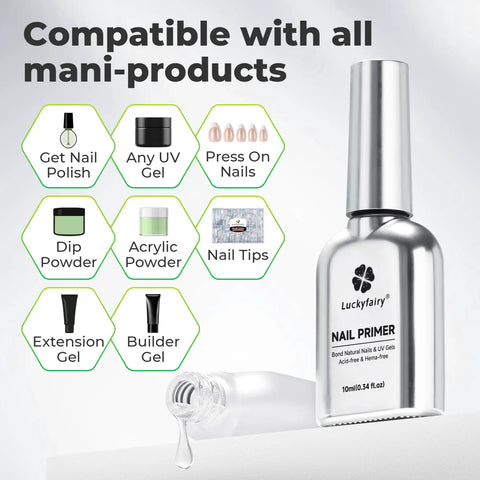 Nail Dehydrator And Primer Set For Gel Nails And Press Ons Acid Free And HEMA Free Nail Prep bottle on surface with drop